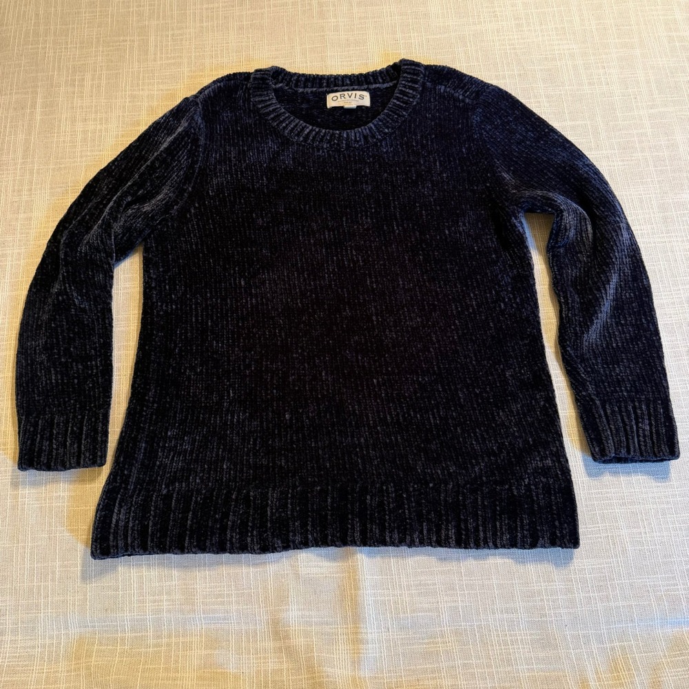Orvis Women Navy Blue Chenille Knit Crewneck Sweater Size Medium Long Sleeve